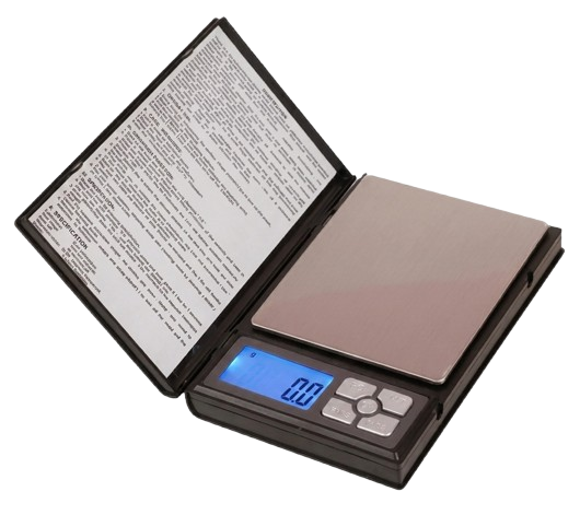 Gramera tipo cuaderno abierta mostrando la pantalla LCD